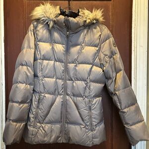 Calvin Klein Shiny Taupe Puffer Jacket with Faux Fur Hood